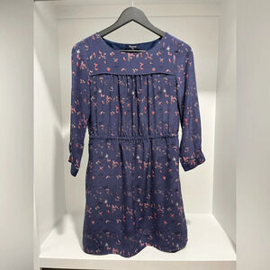 Madewell Navy Birdslife Print Dress 100% Silk lined Womens size 0